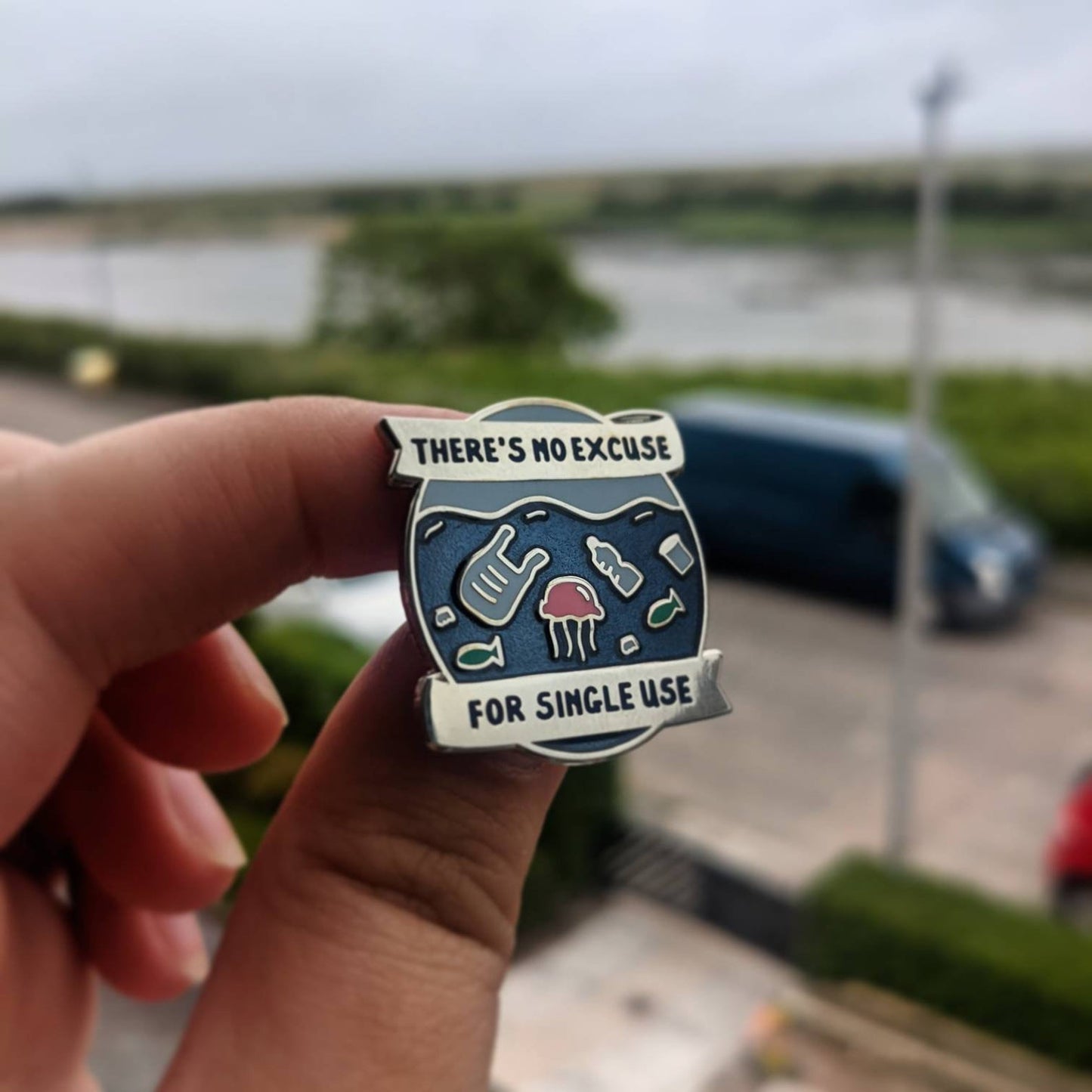 No Excuse Single Use Pin Badge by Donwood Creations